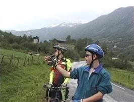 Julian and Nick admiring the huge water sprinklers at Strind Farm, 10.1 miles down the valley from Bøverdalen youth hostel